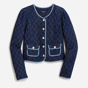 NWT J.Crew 12 Denim Quilted Lady Jacket Navy Blue Gold-tone Crest Buttons